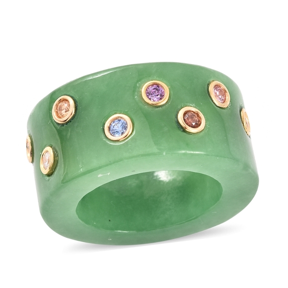 Hand Carved Burmese Jade Swarovski Zirconia band ring - Picture 3 of 8